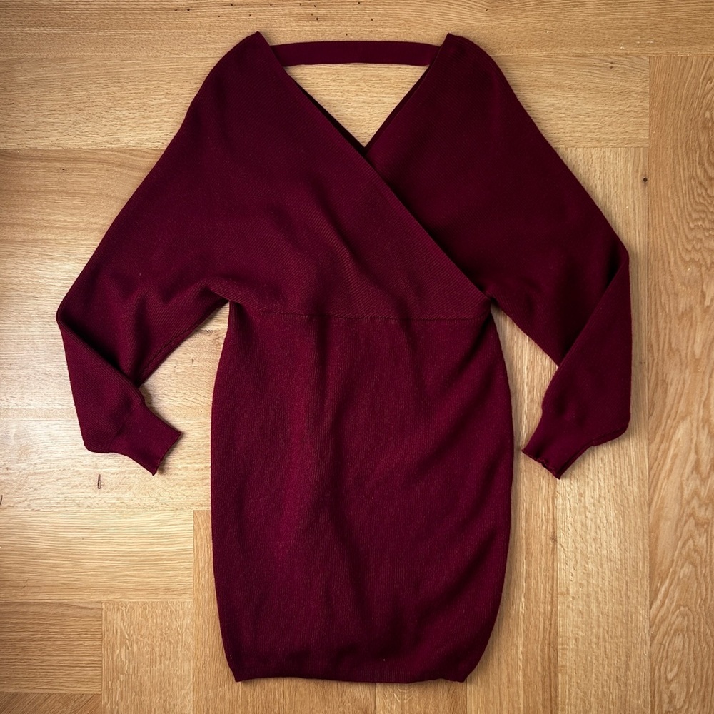 ♥️CHERFLY Long Sleeves Burgundy Faux Wrap Batwing Double V Sweater Dress Size XL